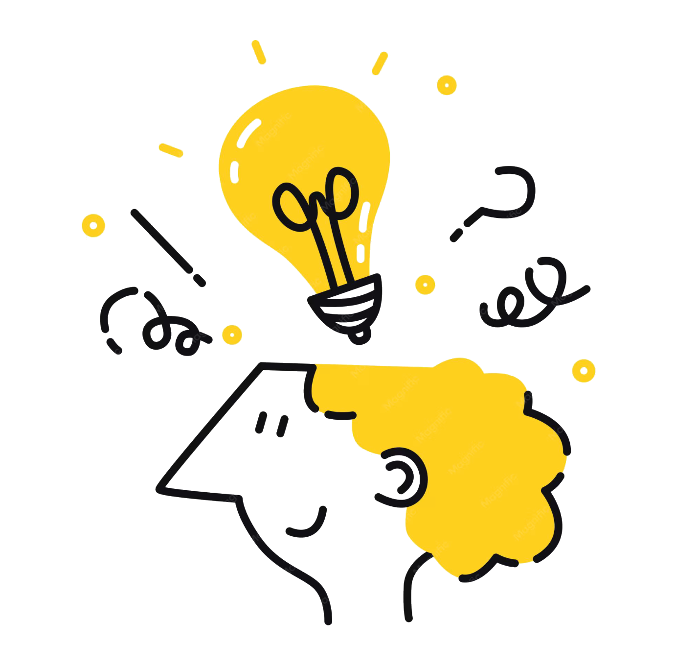 Hand-drawn head opening up with a glowing lightbulb idea